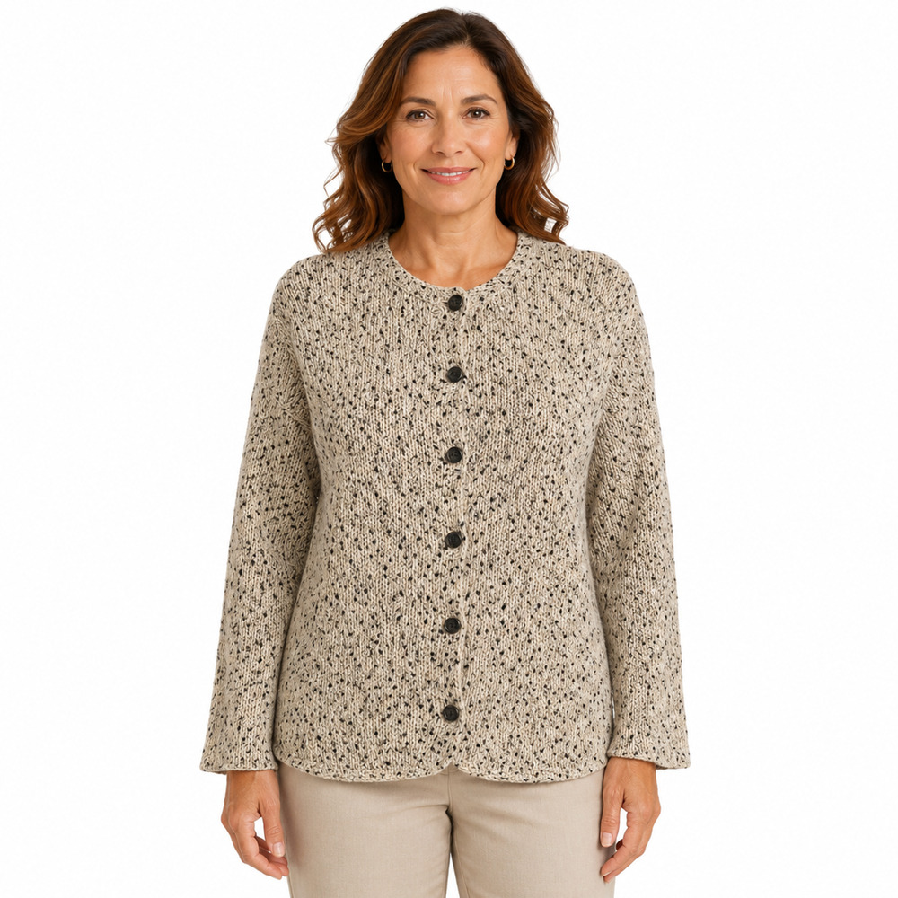 Talbots Silk Blend Chunky Knit Cardigan Sweater Beige Black Fleck Womens sz M